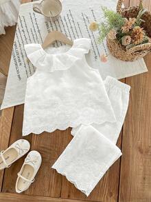 LMoss Kids LMoss  2pcs Young Girl Woven Solid Color Embroidered Ruffle Collar Camisole And Long Pants Set - White - View 6