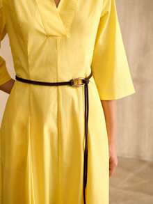 MOTF PREMIUM Damen 100% Baumwolle Kleid mit ausgestelltem Saum und Gürtel, Frühling/Sommer - Gänsegelb - Übersicht 3