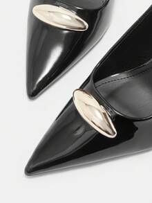CUCCOO CURVES Women Shoes Women's Pointed Black Patent Leather Buckle Design Daily Versatile Fashion Wide Last High Heels - Black - View 5