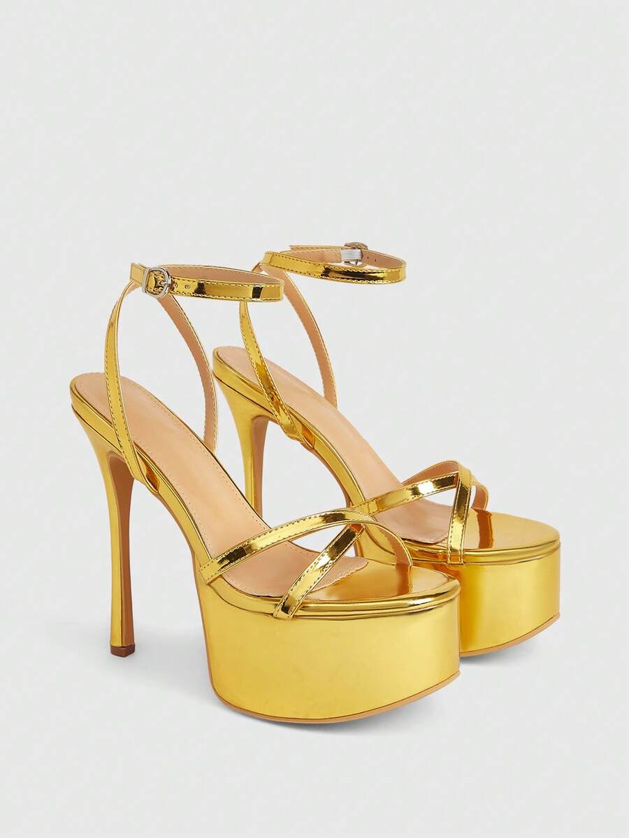 CUCCOO LuxiPop Women's High-Heeled Sandals, Round Toe High Heels, Pu Fabric, Strip Decoration, Fashionable And Comfortable For Daily Parties And Banquets, Buckle-Up Heel Shoes, Nightclub Style, Sexy Style, Easter, Spring And Summer 2000's Style, Summer Wear, Vacation Atmosphere, Cool Girl Night Out Style - yellow gold - View 1