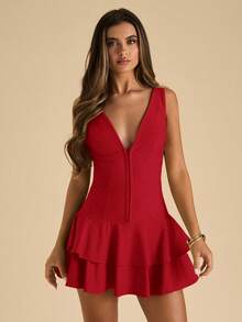 SHEIN BAE Đầm không tay cổ chữ V sâu, màu trơn, viền bèo dành cho nữ - Đỏ - Xem 5