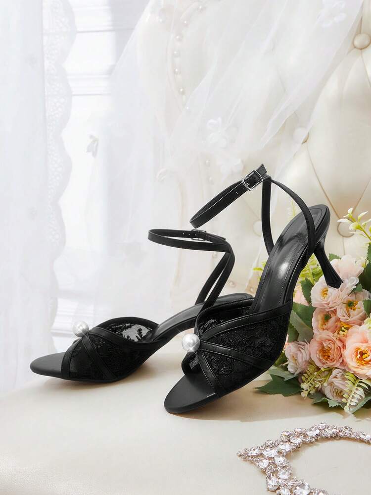 CUCCOO HITCHD Women Shoes Round Toe Stiletto Black Mesh Pearl Fashion Elegant Wedding Banquet After Party Ankle Strap Women's High Heel Sandals Open Toe Sandals