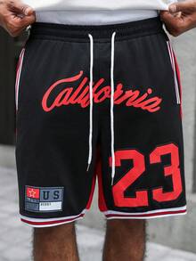 Manfinity Roghcode Men's Contrast Color Numeric Print Basketball Shorts Football - Black - View 3