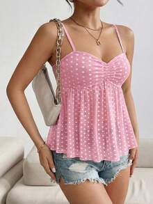 SHEIN Women's Pink Polka Dot Print Ruffle Camisole, Suitable For Beach Vacation Vacation Summer Cute - Baby Pink - View 3