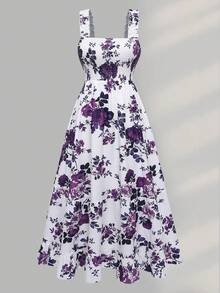 Ceyna Plus Size Women's Floral Print Ruffle Hem Spaghetti Strap A-Line Maxi Dress,White Summer Boho Elegant Sleeveless Vacation Holiday Party Tea Outfit - Violet Purple - View 5