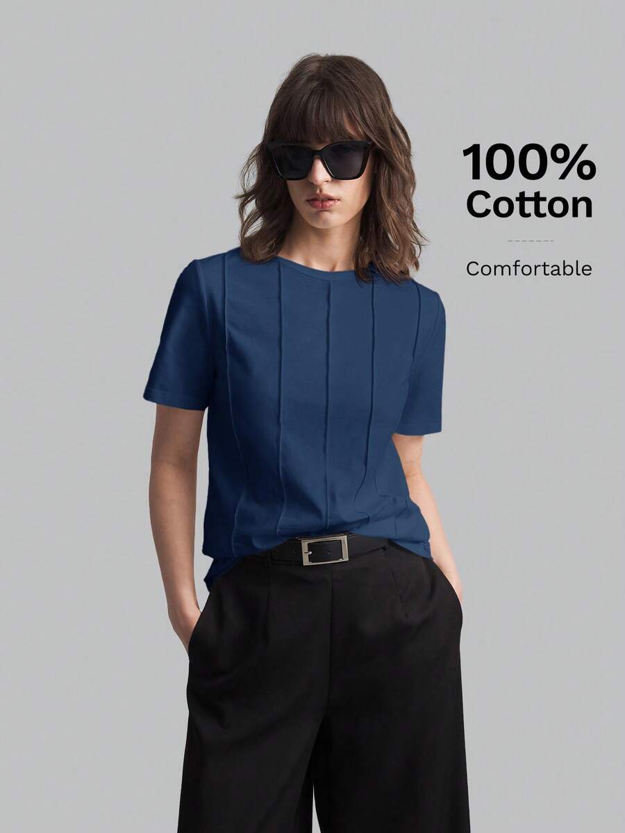 Ontre Áo thun nữ tay ngắn cổ tròn dáng rộng, màu trơn, tối giản, kiểu dáng thường ngày, phù hợp cho ngày Valentine, công sở, du lịch, đi biển, tiệc sinh nhật, đi làm, hoặc mặc đi học. - Màu xanh hải quân - Xem 1