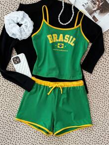 Teen Girl Letter Print Camisole Top And Drawstring Waist Shorts Casual Vacation Outfit - Multicolor - View 3