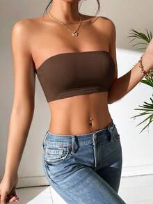 SHEIN PETITE 女款性感純色短版抹胸上衣，適合夏季，小碼女款 - 棕色 - 查看 6