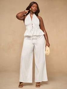 SHEIN BAE Damen Große Größen Set aus weißem Träger-Top mit Bindedetail und weiter Hose - Weiss - Übersicht 5