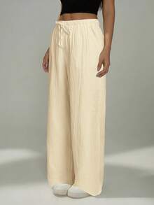 SHEIN PETITE Pantalones casuales de mujer de unicolor y corte holgado - Crema - Ver 4