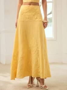 PREMIUM CHÂN VÁY CHỮ A THÊU LÃNG MẠN DÀNH CHO NỮ MÙA XUÂN/HÈ, 100% VẢI LINEN GỖ DẦU - Màu vàng - Xem 3