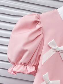 Genkimix Kids 女童蝴蝶結花瓣泡泡袖圓領上衣與休閒長褲套裝，淺粉色夏季生日穿搭，可愛兩件式童裝套裝 - 彩色 - 查看 4
