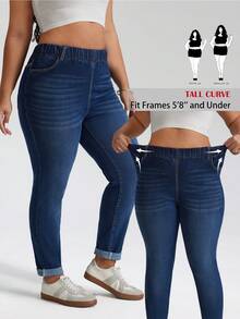 SHEIN Tall CURVE 大码弹力腰紧身牛仔裤，休闲夏季优雅日常穿搭，大码高弹力修身弹力腰百搭日常牛仔裤 - 深色水洗藍 - 查看 7