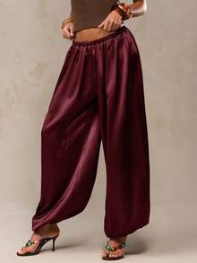 SHEIN BAE 女士纯色弹力腰休闲灯笼裤 - 紫紅色 - 查看 6