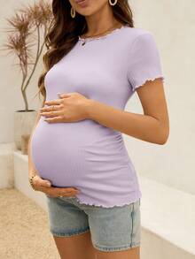 SHEIN Maternity Summer White Ribbed Lettuce-Edge Form-Fitting Short Sleeve Top - Mauve Purple - View 4