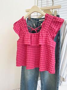 Resyla 女士格子拼接荷叶边休闲衬衫 - 玫紅色 - 查看 4