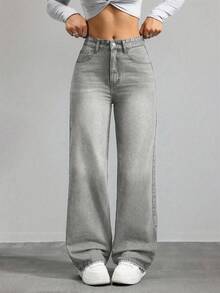 Jeanoix Women's Casual Everyday Commute Loose Fit Wide Leg Jeans - Army Green - View 1