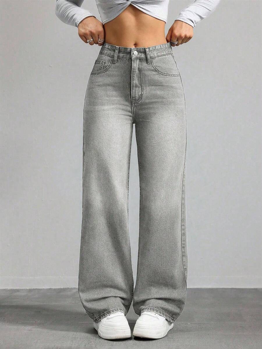Jeanoix Women's Casual Everyday Commute Loose Fit Wide Leg Jeans - Army Green - View 1