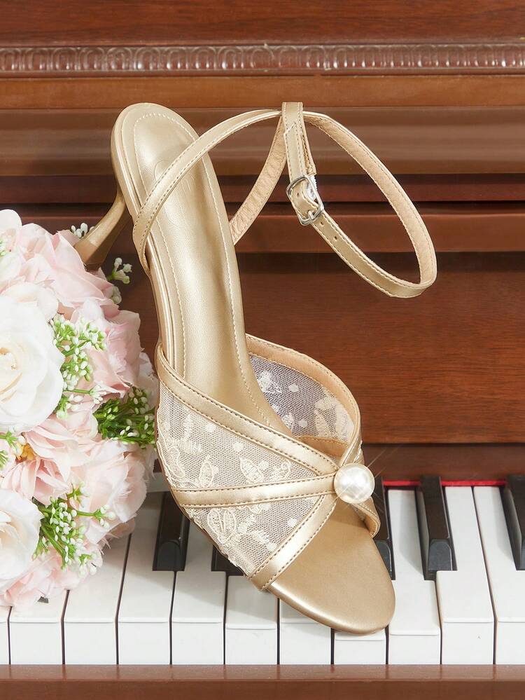 CUCCOO HITCHD Women Shoes Round Toe Stiletto Champagne Lace Mesh Pearl Fashion Elegant Wedding Banquet After Party Ankle Strap Women High Heel Sandals Open Toe Sandals