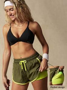 VARSIVA Contrast Color Trim Patchwork Polka Dot Print Sports Shorts - Green - View 7