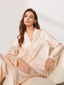 LUVLETTE All-Season Versatile Champagne Satin Pajama Set - Long-Sleeve Top & Wide-Leg Pants With Lace Trim Wedding Items Now Trending - Apricot - View 8