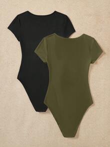 SHEIN EZwear 两件套休闲简约黑色和军绿色女式圆领短袖连体衣，适合春夏穿着 - 彩色 - 查看 2