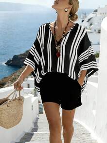 SHEIN Holidaya 女士休闲条纹V领宽松短袖衬衫，夏季 - 黑與白 - 查看 5