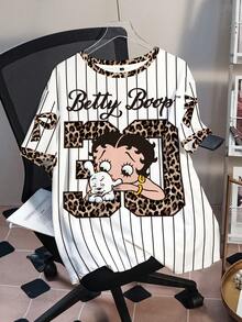 Betty Boop x SHEIN Áo thun nữ cỡ lớn cổ tròn tay ngắn kiểu dáng thường ngày - trắng - Xem 3