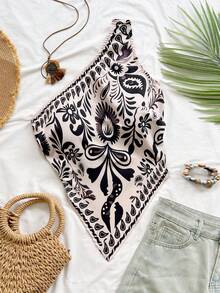 Soleia Plus Size New Asymmetric Neck Backless Summer Boho Floral Print Top For Women, Vacation Holiday Beach Vacation Party Festival Beige - Black and White - View 6