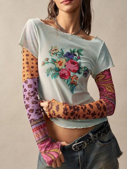 Bohemela Áo thun nữ phong cách Y2K Resort Bohemian Western Country Style Music Festival Retro Patchwork Pattern Print 2 trong 1 chống nắng, xuyên thấu, ôm sát, thích hợp cho mùa hè, thoải mái và phóng khoáng, trang phục thời trang nữ, đi biển, kỳ nghỉ hè, trang phục đi nghỉ mát, trang phục đi biển cho nữ, áo nữ mùa hè, trang phục thường ngày cho nữ.