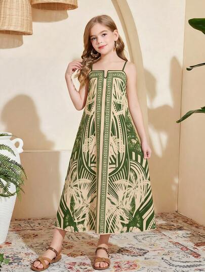 SHEIN Đầm hai dây in họa tiết dáng rộng cho bé gái tuổi teen, phong cách Bohemian, thích hợp cho kỳ nghỉ biển nhiệt đới, trang phục mẹ con đồng bộ, mùa xuân/hè.