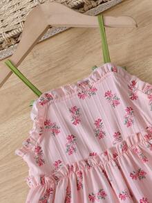 SHEIN Genkimix Kids Genkimix 女童休闲碎花装饰柔软舒适印花吊带裙，适合外出、海滩、度假、派对、夏季穿着 - 粉色 - 查看 6