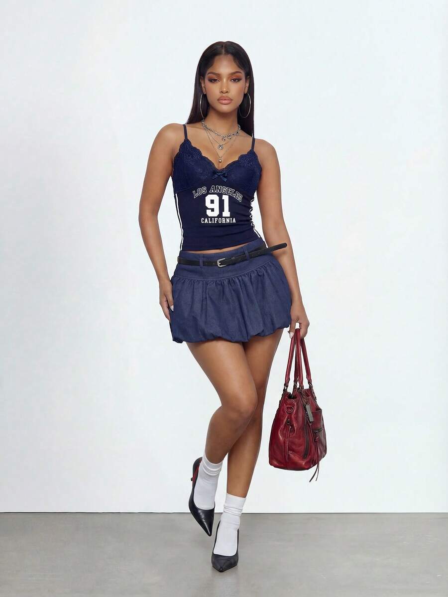 Gowayae Gowayae Camiseta de mujer con encaje y estampado numérico, ajuste ceñido - Azul Marino - Ver 1