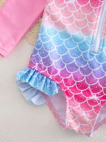 SHEIN Bộ đồ bơi liền thân họa tiết vảy cá dễ thương, thoải mái, phù hợp cho bé gái. - Hồng - Xem 4