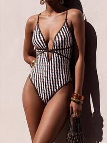 Zivah 2026 Spring/Summer Vacation Beach Striped Print Tie-Front Backless One-Piece Swimsuit - Brown - View 3