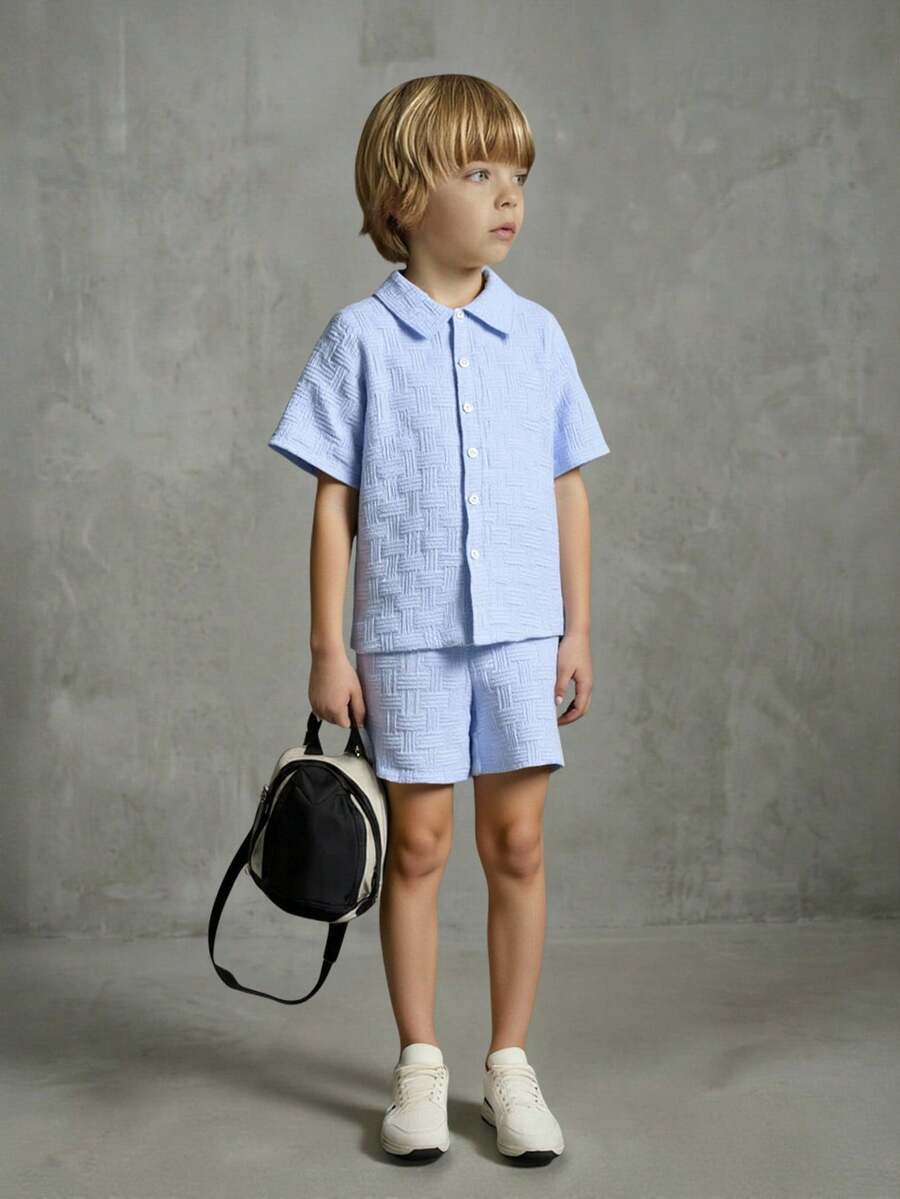 SHEIN Casuvi Kids Chàng trai trẻ Chất rắn Textured Collared Áo sơ mi Với giày Bộ , Mùa hè - Màu xanh lam - Xem 1
