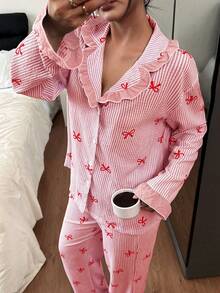 Napfluff Blue Striped Bow Print Patchwork Contrast Color Lapel Long Sleeve Pajama Set For Women - Pink - View 3