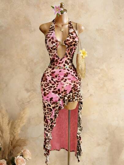 Mistrie 2026春夏豹纹海星装饰不对称荷叶边下摆女士度假连衣裙