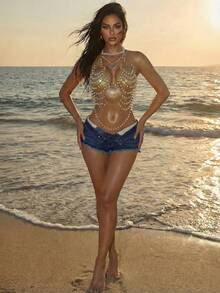 Swim SXY Sexy Backless Halter Metal Chain Pearl Shell Decor Crop Top For Women - Gold - View 3