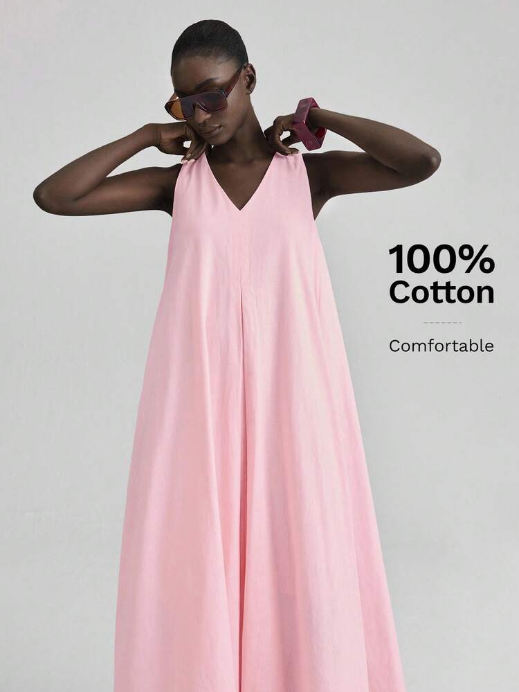 Women's Saint John's Day Beach Outfit, Holiday Outfit, Country Style, Country Music Festival Outfit, Women's Teacher Outfit, Independence Day, Women's Airport Outfit, Comfortable Casual Style, V-Neck Sleeveless Long Dress, Light Pink, High-Low Hem Dress, Flared, Pale Pink, Flared Skirt, Spring/Summer Clothing, Everyday Wear, New Arrival, Comfortable Casual Dress, Casual Wear, Loose Fit