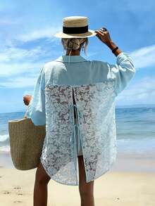 INAWLY Áo khoác nữ dáng rộng, thoải mái, chất liệu vải thêu, thiết kế nơ buộc phía sau. - Màu xanh lam - Xem 1