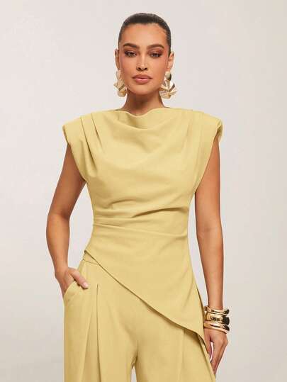 Silquee Women's Solid Color Pleated Design Asymmetric Hem Fashionable Blouse,Summer Top
