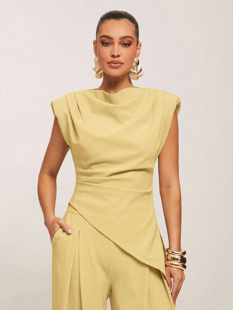 Silquee Women's Solid Color Pleated Design Asymmetric Hem Fashionable Blouse,Summer Top - Light Yellow - View 1
