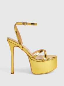 CUCCOO LuxiPop Women's High-Heeled Sandals, Round Toe High Heels, Pu Fabric, Strip Decoration, Fashionable And Comfortable For Daily Parties And Banquets, Buckle-Up Heel Shoes, Nightclub Style, Sexy Style, Easter, Spring And Summer 2000's Style, Summer Wear, Vacation Atmosphere, Cool Girl Night Out Style - yellow gold - View 3