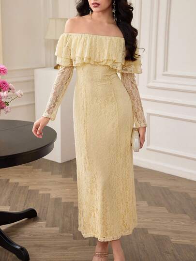 Modelyn Đầm ren màu mơ, trễ vai, xếp ly, viền ren, thanh lịch dành cho nữ