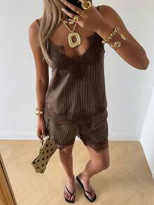 SHEIN EZwear 女士条纹编织蕾丝拼接吊带背心和休闲短裤套装 - 咖啡棕 - 查看 9