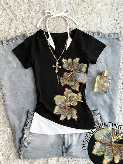 Glimmora Faux Sequins Hawaiian Flower V-Neck Sleeveless T-Shirt For Women