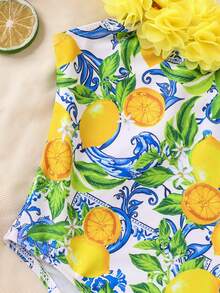 SHEIN Emery Rose Kids Bộ đồ bơi liền thân họa tiết hoa 3D dễ thương cho bé gái, in hình chanh vàng kỹ thuật số, thích hợp cho bé gái mặc cùng anh chị em, đồ bơi đôi, đồ bơi tankini, áo khoác ngoài đồ bơi, đồ bơi liền thân in hình chanh với chi tiết bèo nhún, đồ đi biển mùa hè. - Màu vàng - Xem 7
