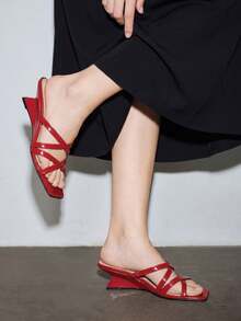 女士红色方头交叉绑带高跟凉鞋，休闲露跟穆勒凉鞋 - 紅色 - 查看 3