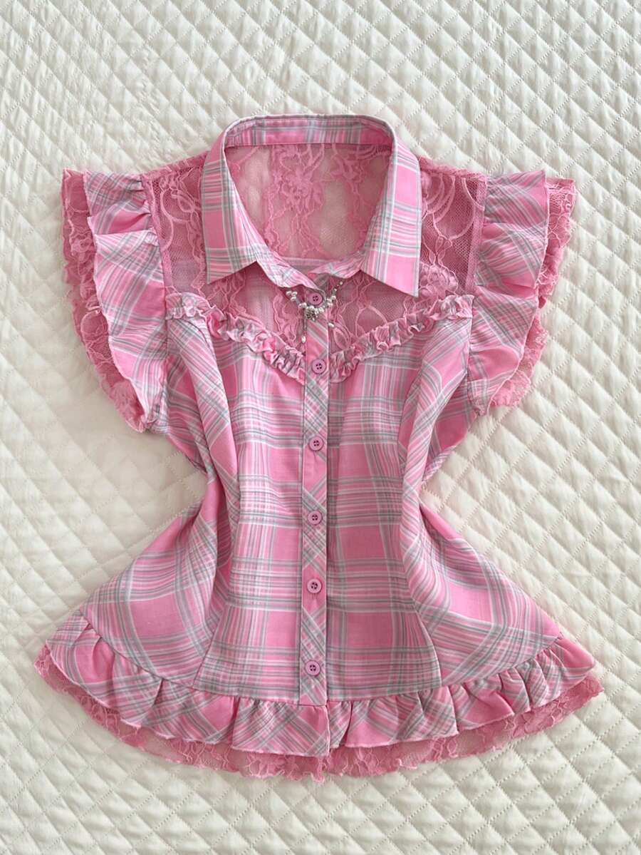 Elamini Women's Sweet Cute Casual Daily Versatile Fashion Commuting Plaid Contrast Lace Ruffle Cap Sleeve Fitted Shirt, Spring/Summer - Pink - View 1